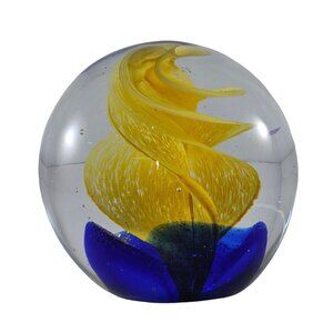 Art Glass Paperweight Blue Yellow Swirl 3 Inch Round Collectible Home Decor